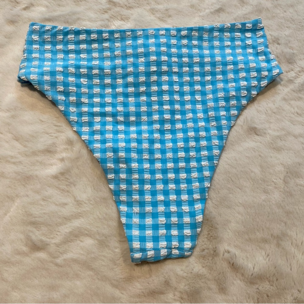 (L) aerie High Cut Cheeky Bikini Bottoms Large Blue White Gingham Tie Waist - Picture 5 of 9